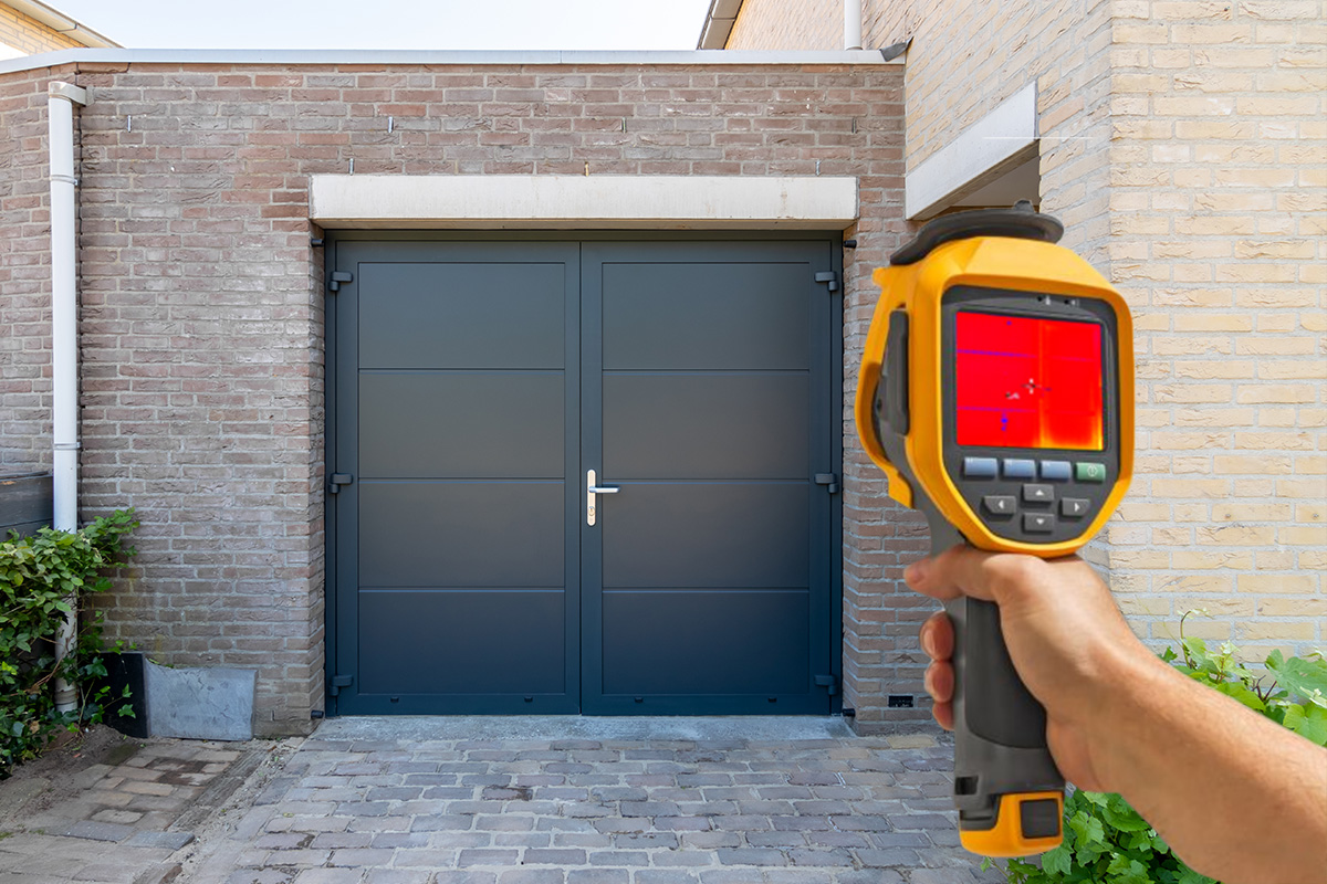 isolatietest met meetapparaat voor isolatiewaarde geïsoleerde garagedeur